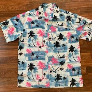 Aptro Button Down Shirt Men Large Hawaiian Palm Tree Blue Pink  Short Sleeve